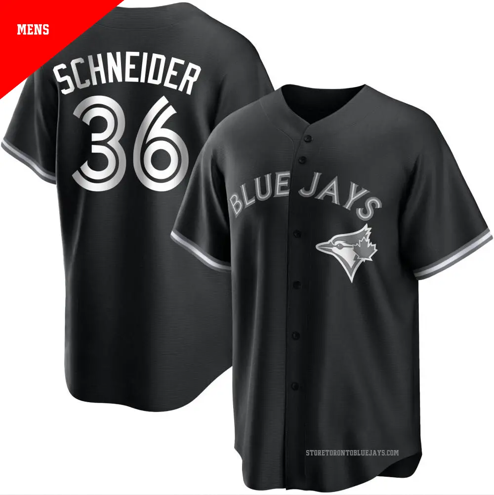 Men s 36 Davis Schneider Toronto Blue Jays Black White Replica Jersey