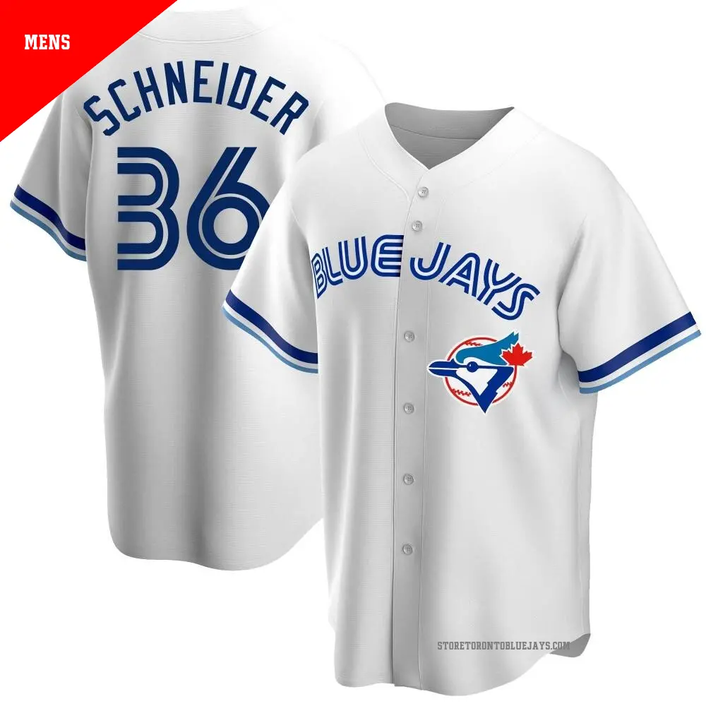 Men's ＃36 Davis Schneider Toronto Blue Jays White Replica Home Cooperstown Collection Jersey