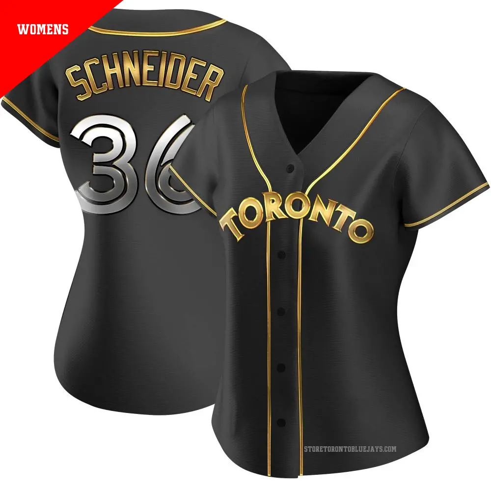 Women's ＃36 Davis Schneider Toronto Blue Jays Gold Replica Black en Alternate Jersey