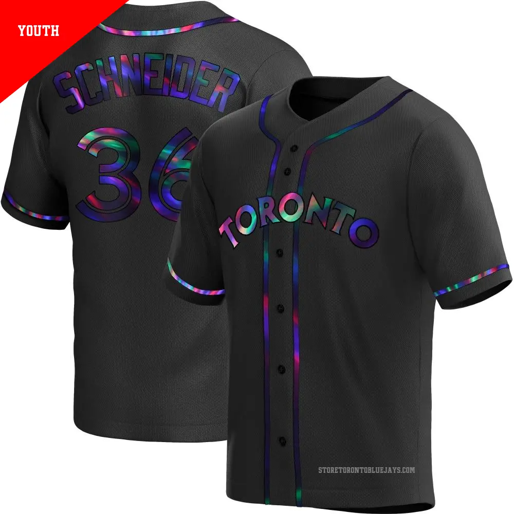 Youth ＃36 Davis Schneider Toronto Blue Jays Black Replica Holographic Alternate Jersey