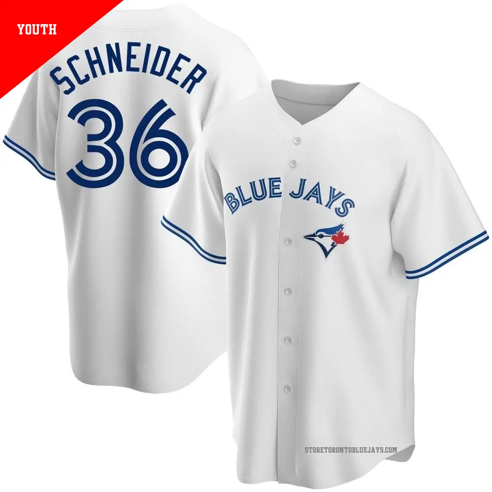 Youth ＃36 Davis Schneider Toronto Blue Jays White Replica Home Jersey